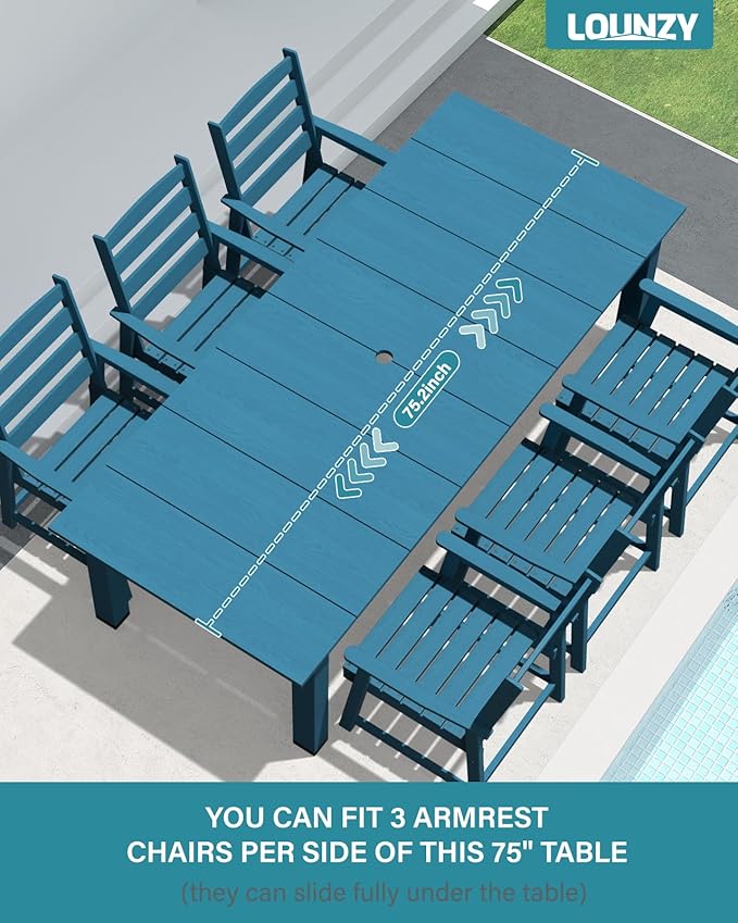 LOUNZY 9 Pieces Patio Dining Sets, Outdoor HDPE Furniture Set for 8 w/ 2" Hole Cut-Out Dining Table with 8 Patio Chairs(2 W/Armrest, 6 w/o Armrest), Navy