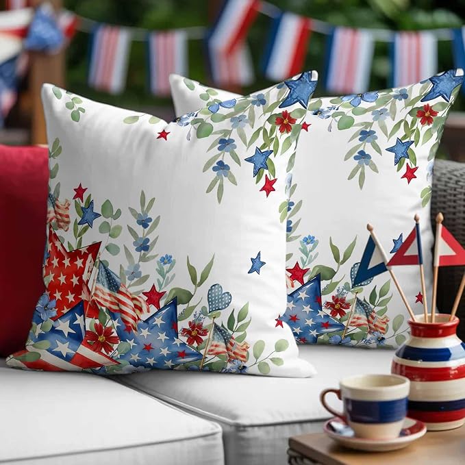 American Flag Stripe Star Outdoor Pillow Covers 16x16in Pack of 2 Waterproof Pillowcase Summer Green Eucalyptus Leaf Decorative Throw Cushion Case for Patio Couch Sofa