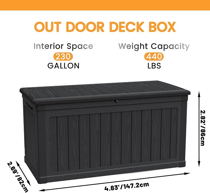 BLUECC Outdoor Deck Box Waterproof, Extra Large Plastic Patio Storage Cabinet with Lockable Black 58"*32"*34"