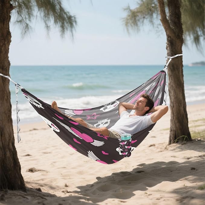 Skull Pink Heart Wings Star Camping Hammock, Portable Lightweight Single Hammock with Tree Straps and Aluminum Carabiners, 114" x 54" Travel Hammock for Hiking Backpacking Beach