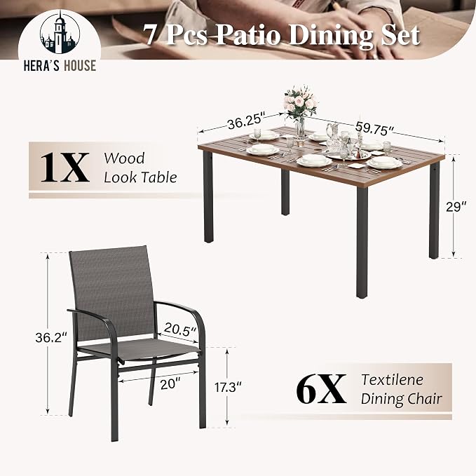 HERA'S HOUSE 7pc Patio Dining Set, Wood-Like Metal Table, 6 Brown Chairs | 60" rectangular table with umbrella hole. Waterproof, rust-resistant, all-weather for backyard, porch
