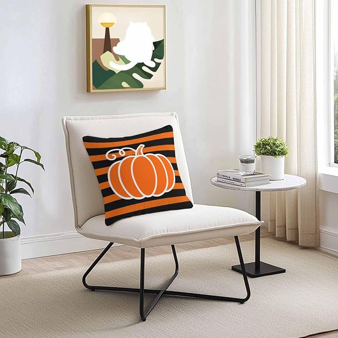 Orange Pumpkins Outdoor Waterproof Pillow Covers, Autumn Black Stripes Farmhouse Decorative Square Throw Pillowcase Sofa Cushion Sham for Patio/Couch/Chair, 24"x24" 2 Pack