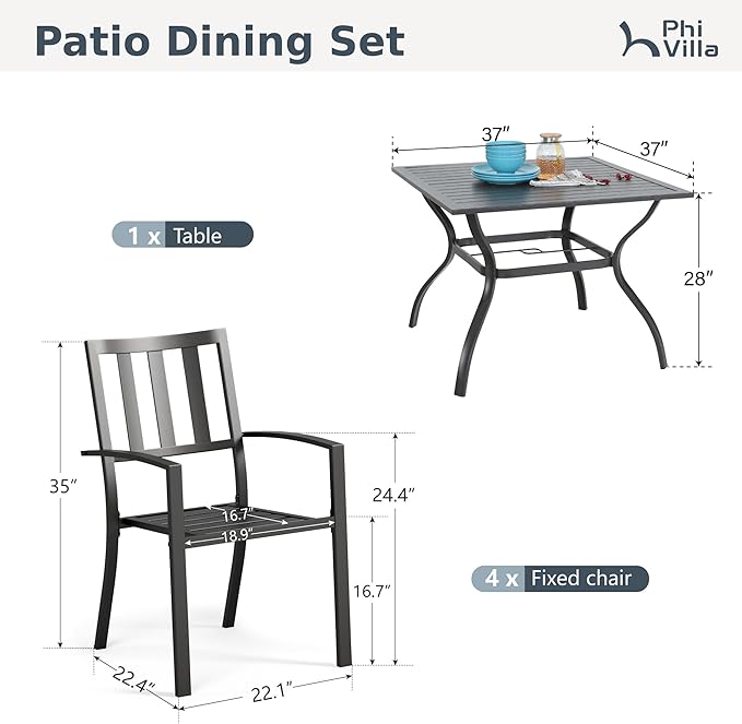 PHI VILLA 5-Piece Metal Patio Outdoor Table and Chairs Dining Set- 37" Square Bistro Table and 4 Backyard Garden Chairs, Table with 1.57" Umbrella Hole