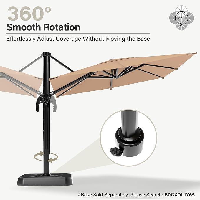 LAUSAINT HOME Cantilever Patio Umbrella, 360° Rotating Offset Umbrella with Aluminum Frame, Large Square Sunshade for Backyard, Pool, Deck, Lawn (Square, Khaki)