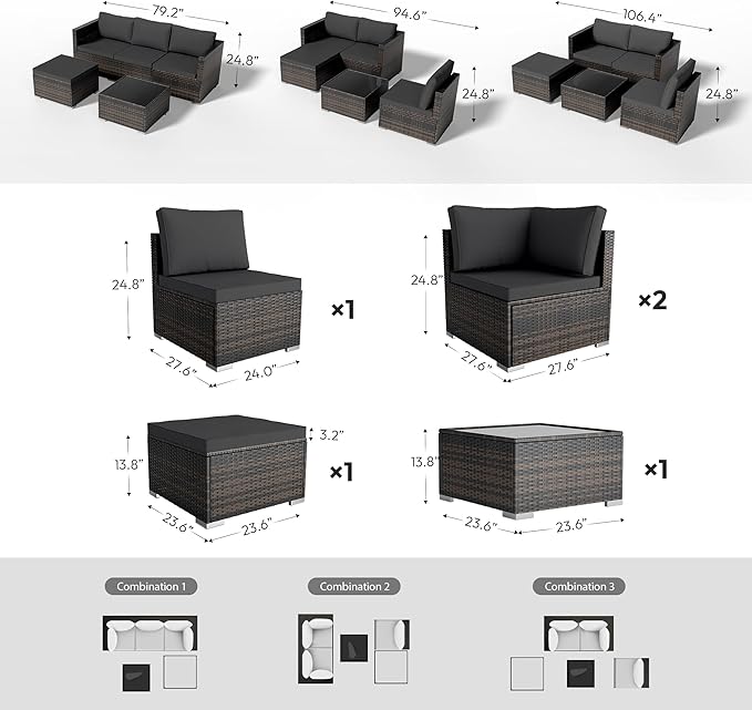 WWR Patio Furniture Set- All-Weather, Thick Cushions & Wide Armrests -5 Piece Outdoor Patio Conversation Couch Sets, Wicker Rattan Outdoor Sectional Sofa for Garden, Patio, Poolside