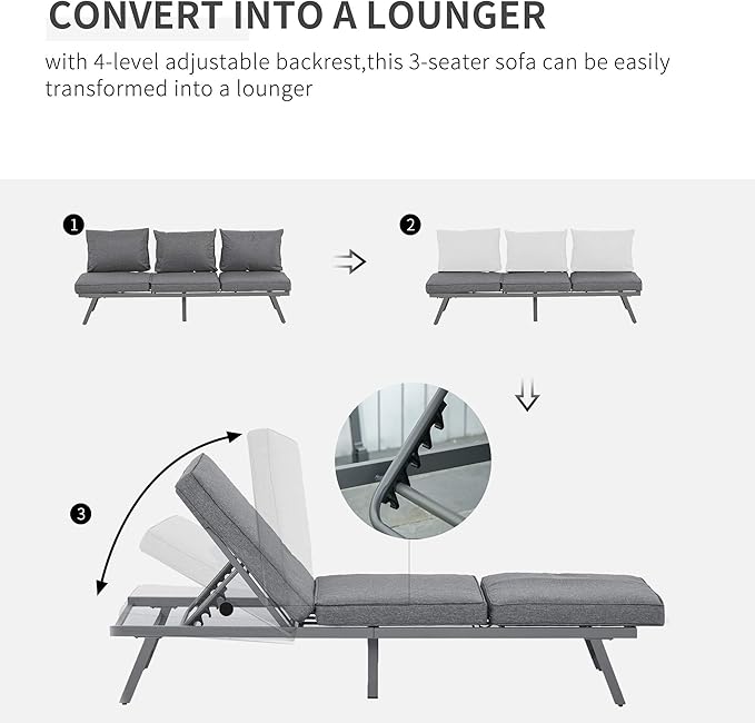 Outsunny 3 Pieces Patio Sofa Furniture Set, 2 Convertible Couch Chaise Lounge Chairs, 1 Coffee Table, Throw Pillows, Water-Repellent Cushions, Grey