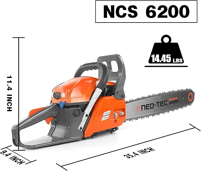 NEO-TEC 20 Inch 62CC Gas Powered Chainsaw 2-Cycle Petrol 3.5HP Handheld Reliable Motosierra De Gasolina for Tree Pruning Wood Cutting Firewood Preparation & Yard Maintenance