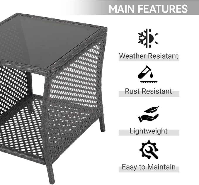 Outdoor Side Table - Patio Rattan End Table with Square Glass Tabletop, Wicker Outdoor Side Table with Extra Storage Shelf for Garden, Backyard, Porch, Silver Gray
