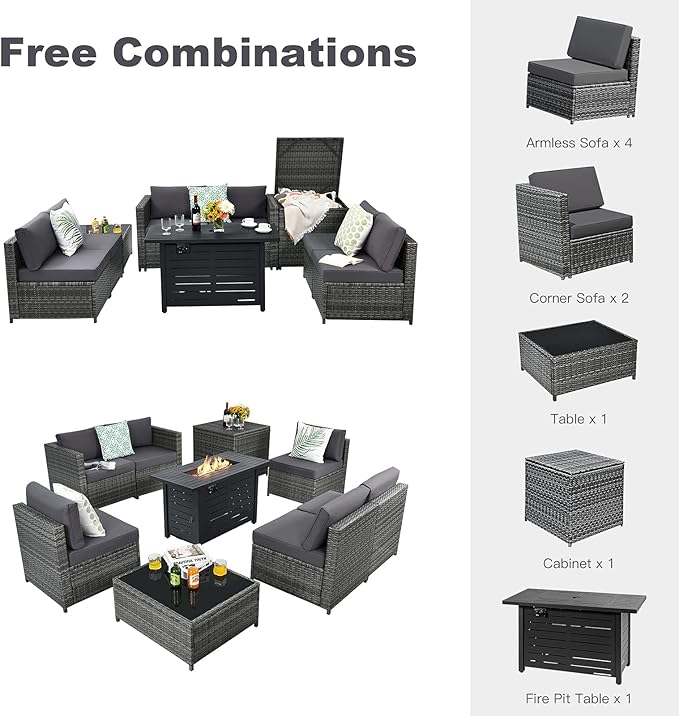 Tangkula 9 Pieces Patio Rattan Furniture Set, Patiojoy Sectional Sofa Set w/Fire Pit Table, Storage Box, Coffee Table, Outdoor Wicker Conversation Set w/ 42” Propane Fire Pit Table (Grey)