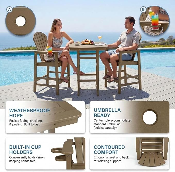 WILLIAMSPACE Height Patio Bar Table Set of 3, Outdoor Square Bar Table with Umbrella Hole, 2 Bar Stools with Cup Holders, 3-Piece All-Weather Outdoor Bistro Set for Kitchen Outside (Antique Oak)