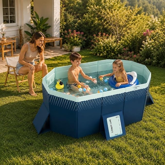 Large Foldable Pool, Non Inflatable Pool with 4-Layer Composite PVC, Sturdy Triangular Support Boards, Double Drains, Foldable Outdoor Pool for Backyard Kids & Adults, 5 Sizes