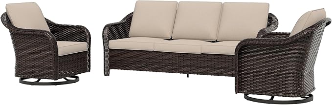 3 Piece Patio Wicker Conversation Set, All-Weather Use Outdoor Wicker Sofa with 2 PE Rattan 360 Swivel Chair, Ideal for Porch, Backyard, Balcony, Poolside, Beige