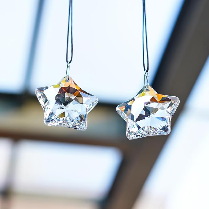 2 Pcs 2 Inch Clear Crystal Star Prism Suncatcher Hanging Decor | Clear Crystal Sun Catcher Prisms Star Shaped Hanging Pendants Set of 2 for Chandelier Patio Garden Window Home Wedding Decor