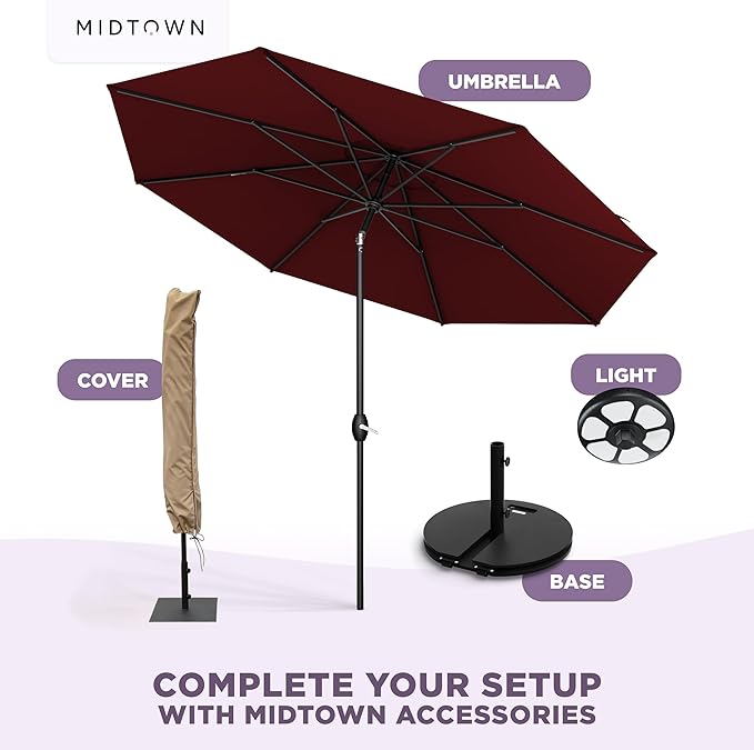 Midtown Umbrellas - The Lean 9 Ft Patio Umbrella with Fade-Resistant Sunbrella Fabric, Auto-Tilt Aluminum Frame and 8 Reinforced Ribs for Deck, Pool & Garden - Burgundy Canopy, Black Pole