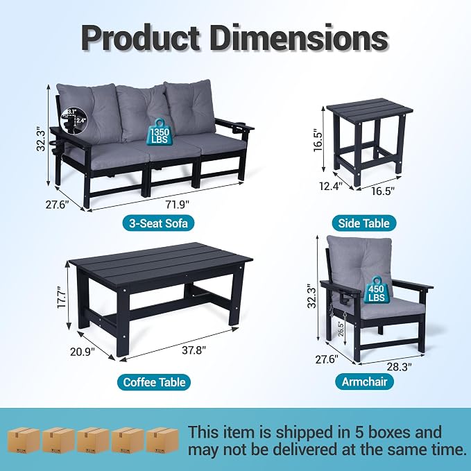 HDPE Outdoor Patio Furniture Set, 7 PCs All Weather Performance Patio Conversation Set w/Back and Seat Cushions, Free Combination Outdoor Furniture for Patio, Lawn, Poolside, Backyard, Black