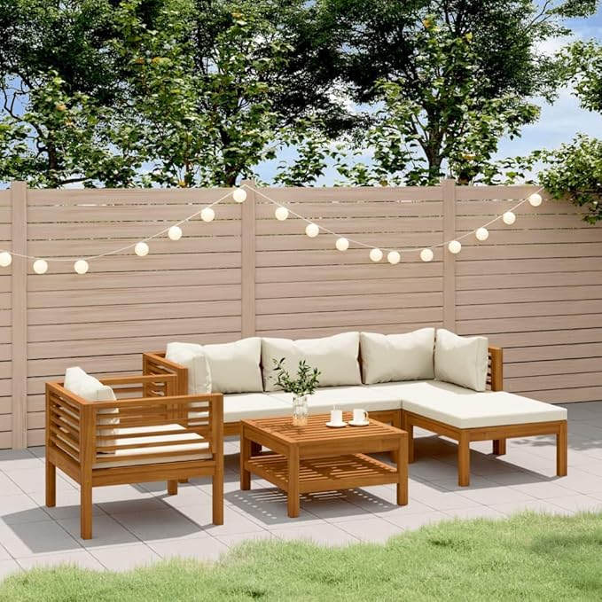 Backyard Furniture Patio Conversation Sets Outdoor Seating 6 Piece Patio Lounge Set with Cream Cushion Solid Acacia Wood Suitable for Swimming Pool, Courtyard, Garden