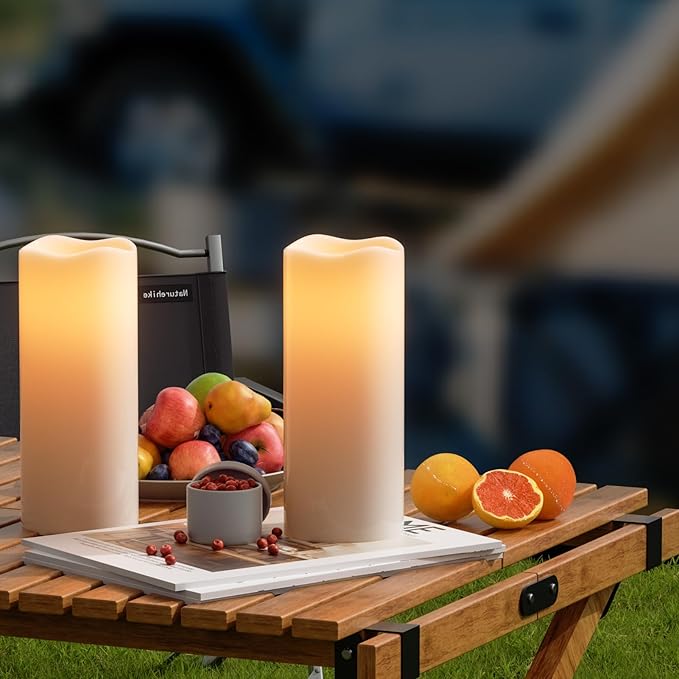 GenSwin Waterproof Outdoor Flameless Candles Battery Operated with Remote Timer, Large Flickering LED Pillar Candles for Indoor Outdoor Lanterns, Won’t melt, Long-Lasting(White, Set of 2) D4 x H8 8"