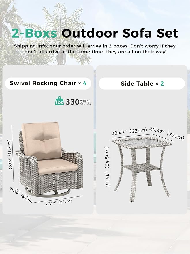 6 Piece Outdoor Wicker Patio Furniture Set,High Back Swivel Rocker Patio Chairs with 4" Thickened Cushions & Side Table, All-Weather PE Rattan for Garden, Backyard, Porch, Beige