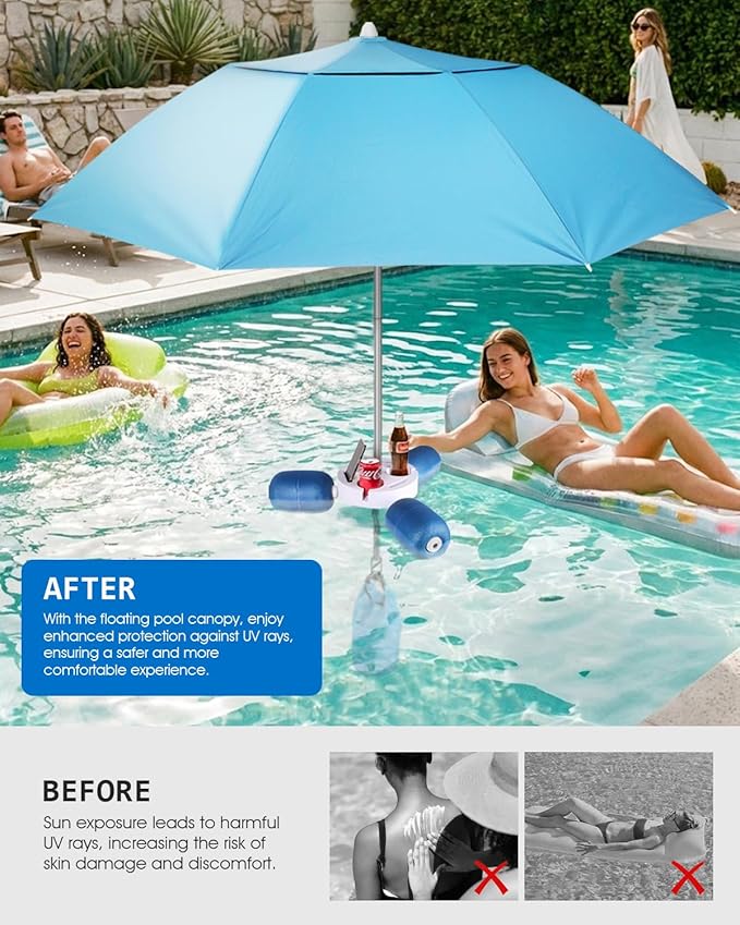 Floating Pool Umbrella 6.6ft - Portable UV Sun Shade Canopy with 3 Drink Holders, Stability Anchor Bag & Secure Floating Design - In-Water Use for Swimming Pools, Lakes, Beach and Outdoor Leisure