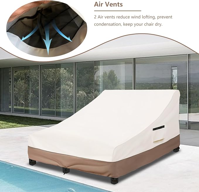 Okcool 100% Waterproof Patio Double Wide Chaise Lounge Chair Cover, 600D Tough Canvas 80 Inch Outdoor Chaise Lounge Covers,Beige & Brown