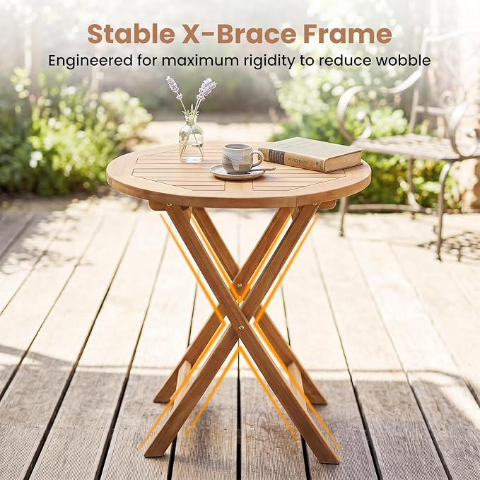 Tangkula 24-Inch Teak Wood Folding Outdoor Table, Round Patio Table with Sturdy X-Frame, Space Saving Outside Bistro Table for Deck, Porch, Poolside, Balcony & Garden