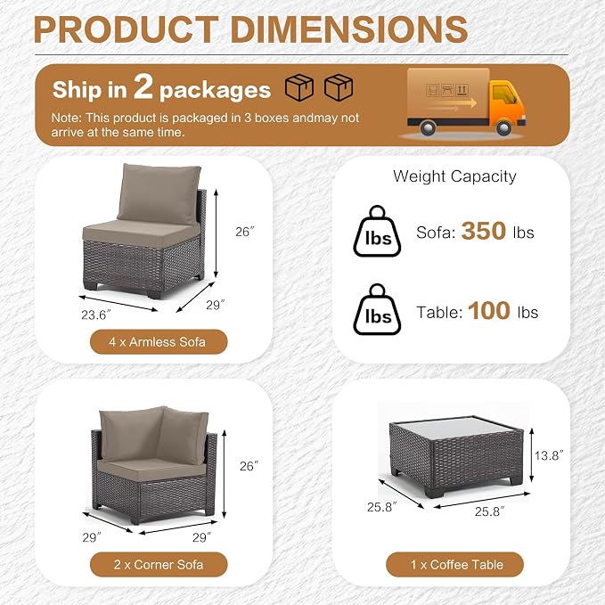 MOCHITO 5 Pcs Outdoor Patio Furniture Sets Brown Rattan Khaki Cushions | All-Weather Sectional Sofa, with Glass Table, PE Rattan Wicker Patio Furniture , Washable Cushions, for Balcony Porch Garden