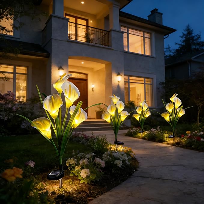 2 Packs Calla Lily Solar Flowers Outdoor Waterproof - Decorative Solar Lights Outdoor for Garden Yard Pathway, Grave Flowers for Cemetery,Mother's Day, Father's Day, Memorial Day & Heaven Birthday