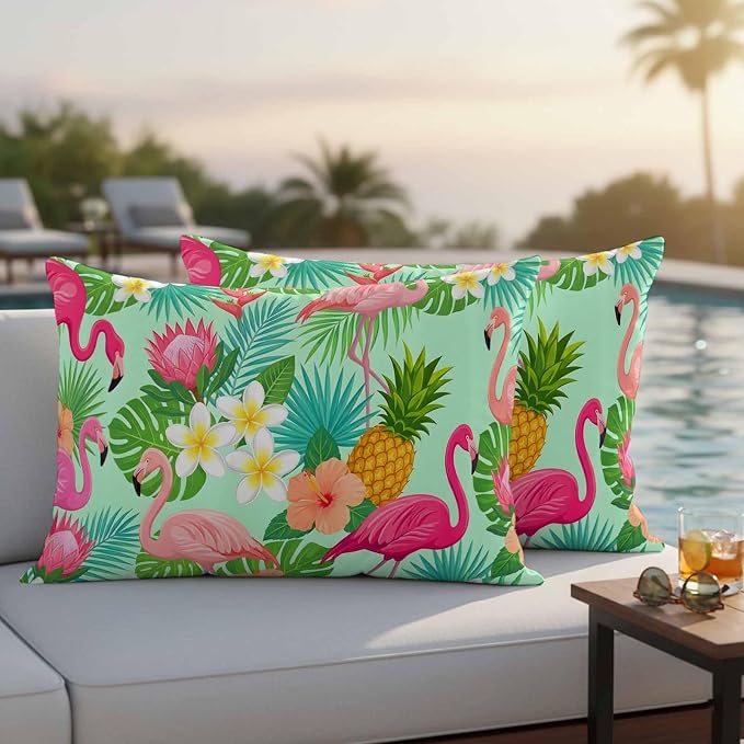 Pink Flamingos Outdoor Pillow Covers 20"x12" Set of 2, Tropical Palm Leaf Hibiscus Flower Green Plant Waterproof Throw Pillow Covers for Patio Furniture, Decorative Cushion Covers for Porch