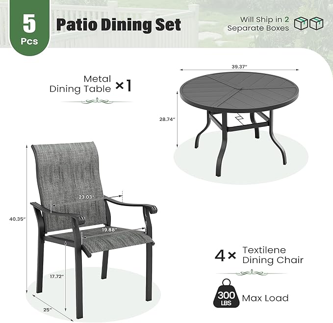 UDPATIO 5 Piece Patio Dining Set for 4, Outdoor Patio Table and Chairs Set, 39" Black Round Table with Umbrella Hole, Gray Patio Chairs, Patio Table with Chairs Outdoor Dining Set for Lawn, Backyard