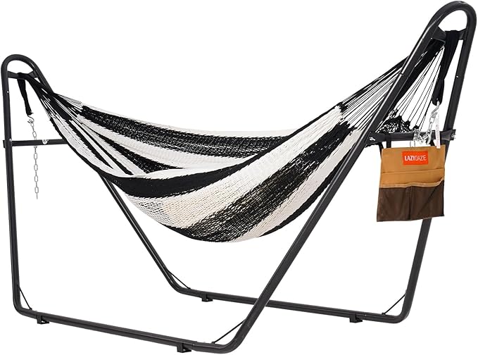 Lazy Daze Hammocks Handwoven Mayan Hammock with Heavy Duty Steel Stand, 10.5 FT Soft Rope Double Hammock for Patio Outside, 550 lbs Weight Capacity, Black/White