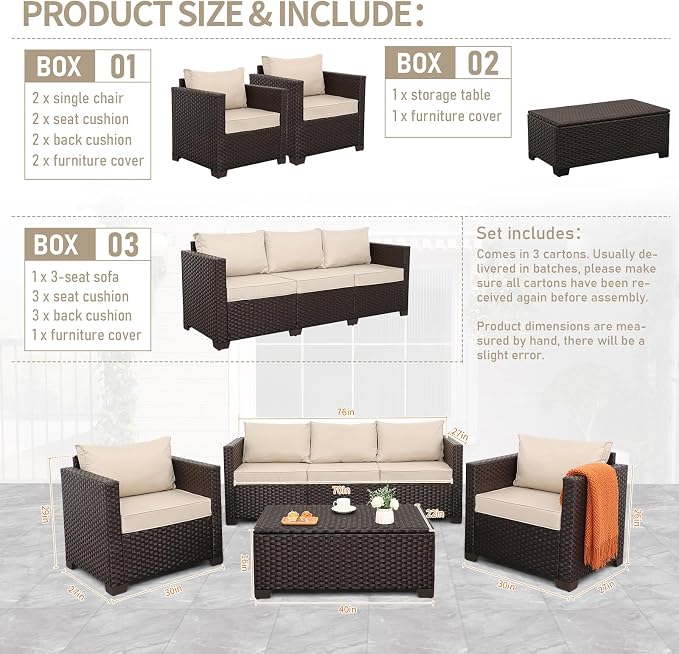 Rattan Star Patio Furniture Set 4 Pcs Outdoor Furniture Sets Patio Couch Outdoor Chairs Coffee Table with Storage Khaki No-Slip Cushions and Waterproof Covers