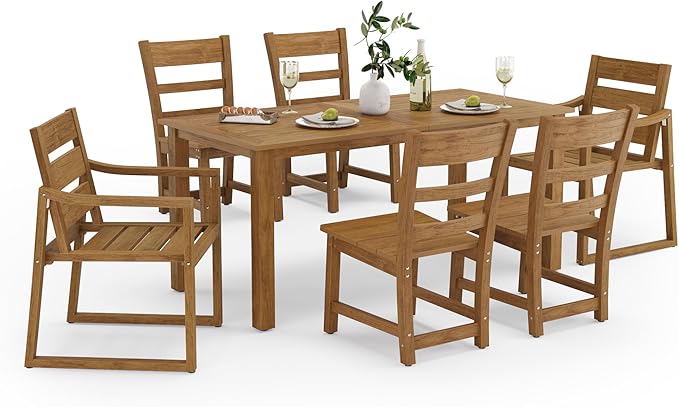 Cozyman 7-Piece Outdoor Dining Set, HDPS Patio Dining Table and Chairs, All Weather Furniture for Outdoor, Indoor, Patio, Garden, Teak Color-Oil Printed