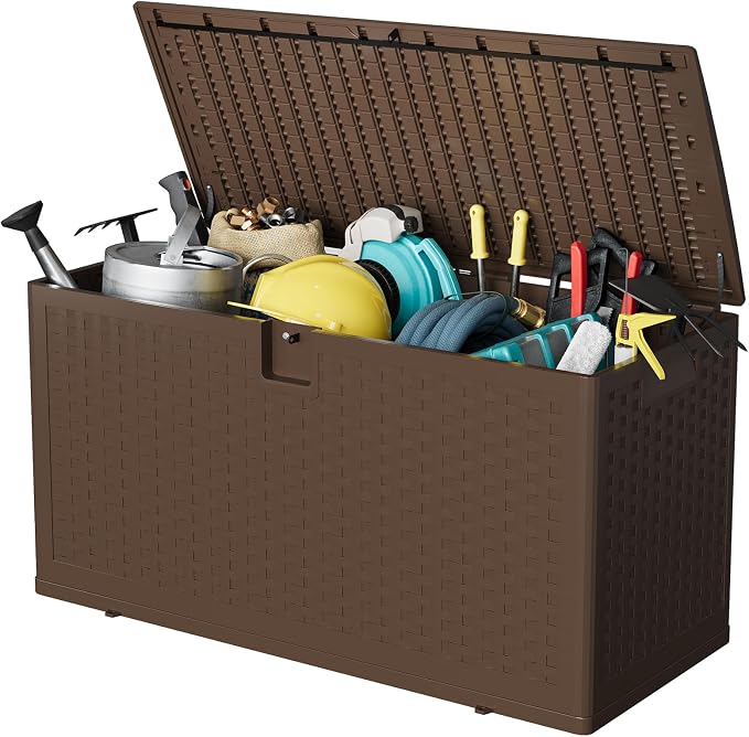80 Gallon Brown Resin Deck Box, Waterproof Lockable Outdoor Storage Box, Multifunctional Patio Storage Container for Furniture Cushions, Garden Tools, Pool Accessories & Package Delivery