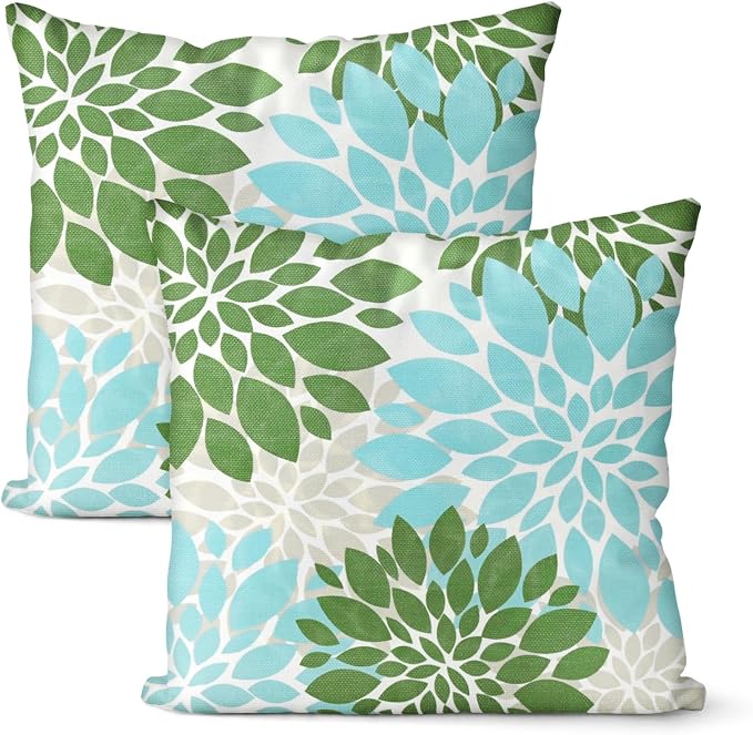 M METERXITY 2-Pack Pillow Cover 16x16 Linen, Sky Blue Green Gray | Water Resistant Floral Decor Slipcover, for Patio, Balcony, Garden, Outdoor Pillow Case