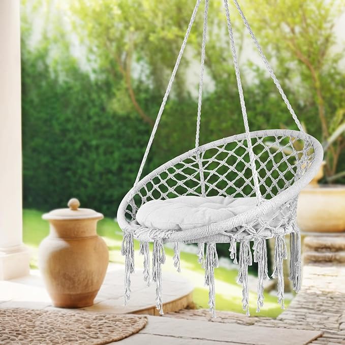 330 Lbs Capacity Loading Relaxing Handwoven Hammock Chair Swing, Cozy Macrame Hanging Seat with Soft Pillow, Perfect Reading Meditation Chair for Bedroom, Garden, Balcony, Grey