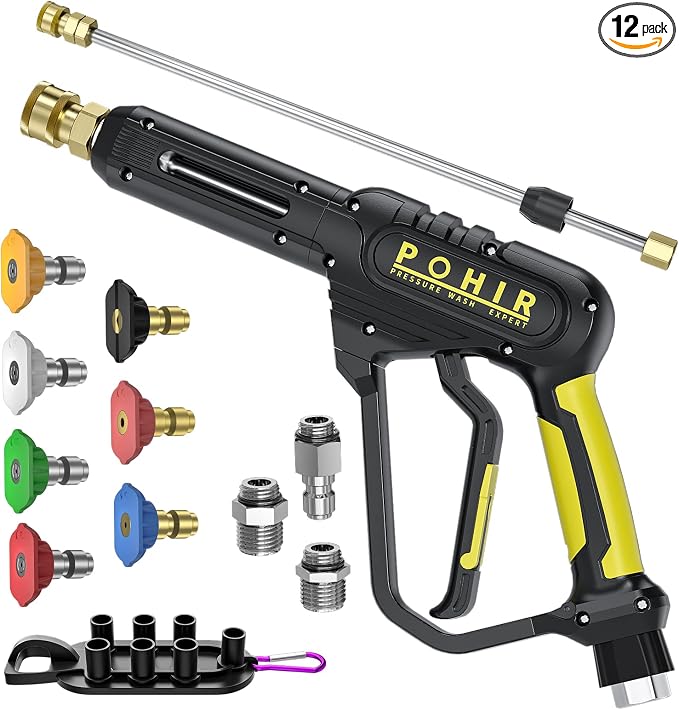 POHIR Pressure Washer Gun 3600 PSI with 3/8'' Swivel Quick Connect Extension Wand, M22 15mm and M22 14mm Fitting 30 Inch 7 Nozzle Tips, Yellow