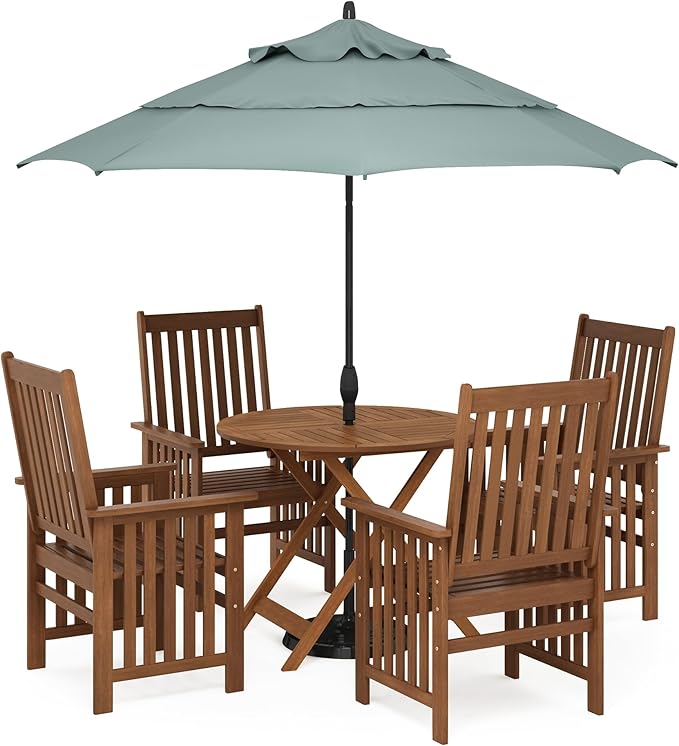 Furinno TIOMAN Folding Patio Dining Table, Outdoor Wooden Table with Umbrella Hole, Round 4-Person Patio Table for Garden, Porch, Backyard, Light Wood