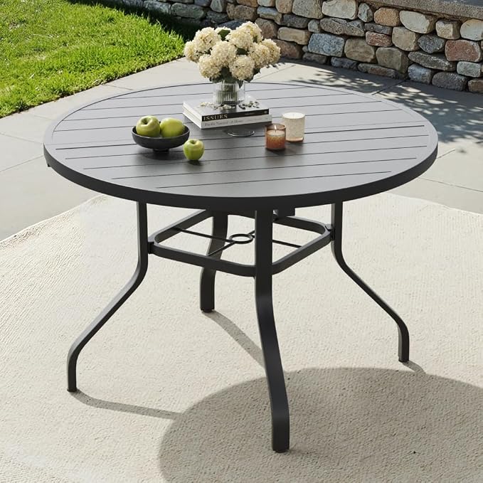 41" Round Outdoor Dining Table, Wood-Like Grain with 1.57" Umbrella Hole, for Backyard and Poolside (Black + Metal & Wood)