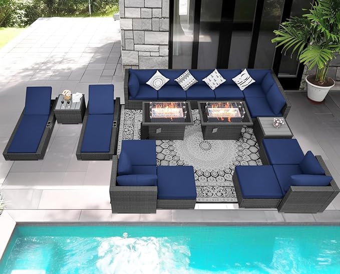 NICESOUL 18 Piece Extra Large Luxury Patio Furniture Set with Firepit, Outdoor Sectional w/Chaise Lounge, Comfy 29.3" High Back Couch Deep Seat, All-Weather Wicker Conversation Set, Gray & Blue