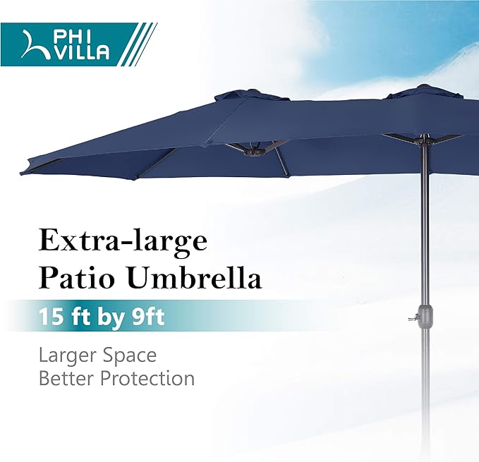PHI VILLA 15FT Patio Umbrella with Base, Large Double-Sided Outdoor Market Umbrella with Crank Lift, UV-Resistant Canopy for Poolside, Garden, Deck, Backyard, Navy