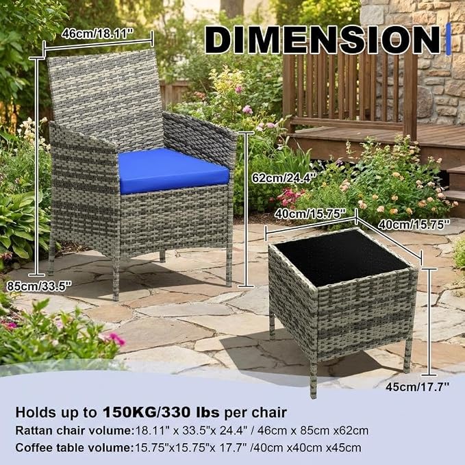 3 Piece Outdoor Patio Furniture Set, All-Weather PE Rattan Wicker Chairs with Waterproof Cushions & Tempered Glass Side Table, Modern Conversation Set for Garden, Backyard, Porch, Poolside, Gray/Blue