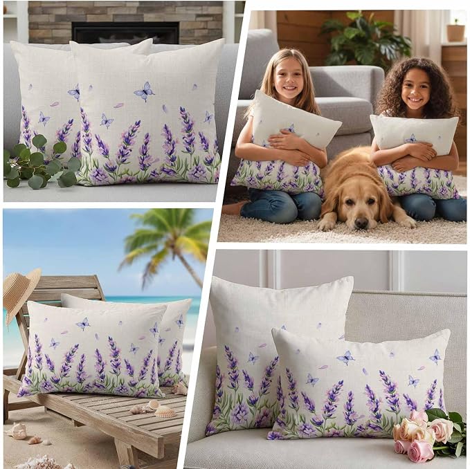 Botanical Lavender Floral Outdoor Waterproof Pillow Covers, Purple Flowers Butterfly Beige Decorative Rectangle Throw Pillowcase Sofa Cushion Sham for Patio/Couch/Chair, 20"x12" 2 Pack