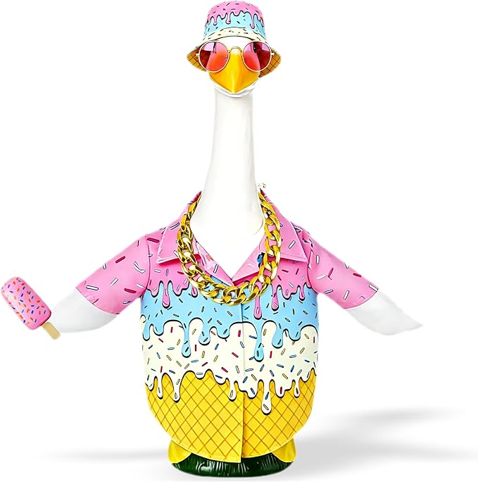 Porch Goose Outfits Summer Ice Cream Shirt - 5-Piece Male Couples Large Lawn Goose Clothes with Hawaiian Shirt, Bucket Hat, Pink Sunglasses, Gold Chain & Popsicle, Outdoor Yard Decor (Boyfriend Theme)