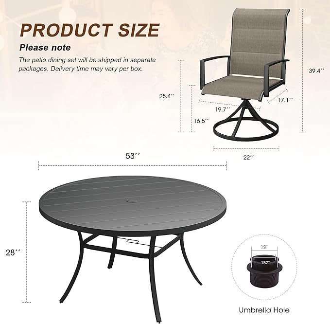 VICLLAX 9 Pieces Outdoor Dining Set, Patio Furniture Set Includes 53" Round Metal Table W/ 1.9" Umbrella Hole and 8 Padded Textilene Swivel Chairs for Porch, Lawn, Garden, Backyard