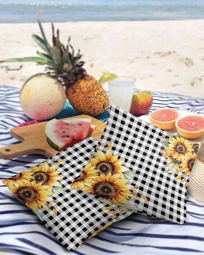 Sunflower Outdoor Waterproof Throw Pillow Covers 20"x20" Set of 2, Buffalo Check Plaid Sunflower Decorative Garden Pillowcase with Zipper Retro Farmhouse Cushion Case for Patio Couch Tent