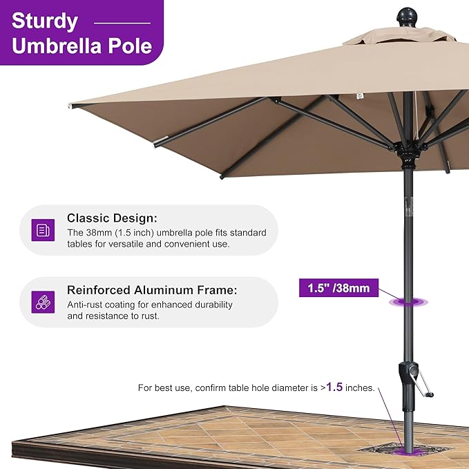 PURPLE LEAF 6.5' x 6.5' Square Patio Market Umbrella with Base Outdoor Table Umbrellas Aluminum Frame Sun Shade with 8 Sturdy Ribs Tilt for Garden Deck Lawn Pool Taupe