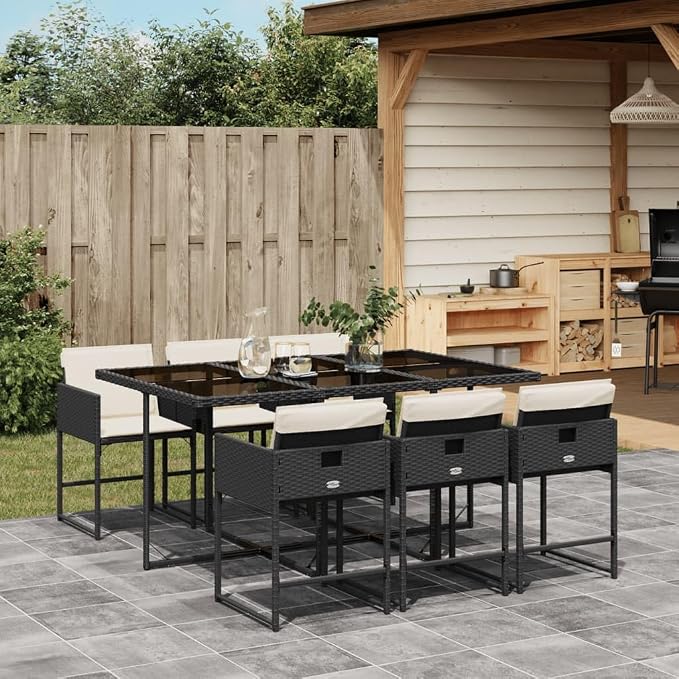 7 pcs Set Patio Dining Set & Balcony Furniture Black PE Rattan Outdoor Patio Furniture Set Garden Dining Set for Backyard Front Porch Lawn 65 x 41.7 x 28.7 in