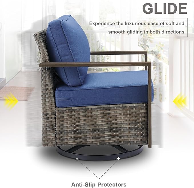 Belord Modern Outdoor Patio Furniture 7 - Person Outdoor Swivel Glider Seating Group, Backyard Wicker Furniture Set with Aluminum Armrests, Grey Wicker Blue Cushion