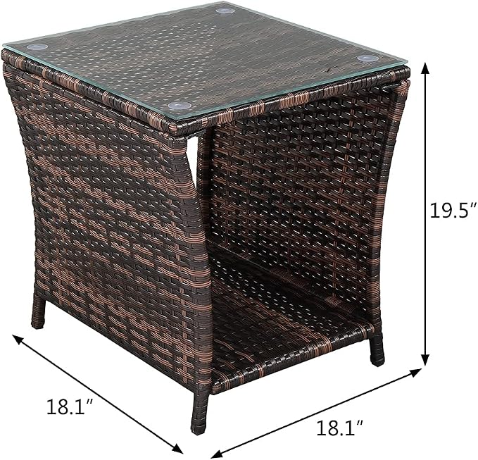 Bonnlo Small Garden Table, Rattan Patio Table with Glass Top & Shelf Under, Weatherproof for Indoor Outdoor, 46x46x50cm Brown