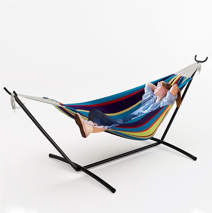Double Hammock with Space-Saving Collapsible Steel Stand for 2 Person - Heavy Duty, 450lbs Capacity - Portable Indoor Outdoor Hammock with Carry Bag - Great for Garden, Beach, Camping